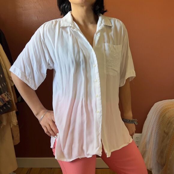 vintage Izod white small button down short sleeve rayon blouse seashell design - Picture 5 of 14